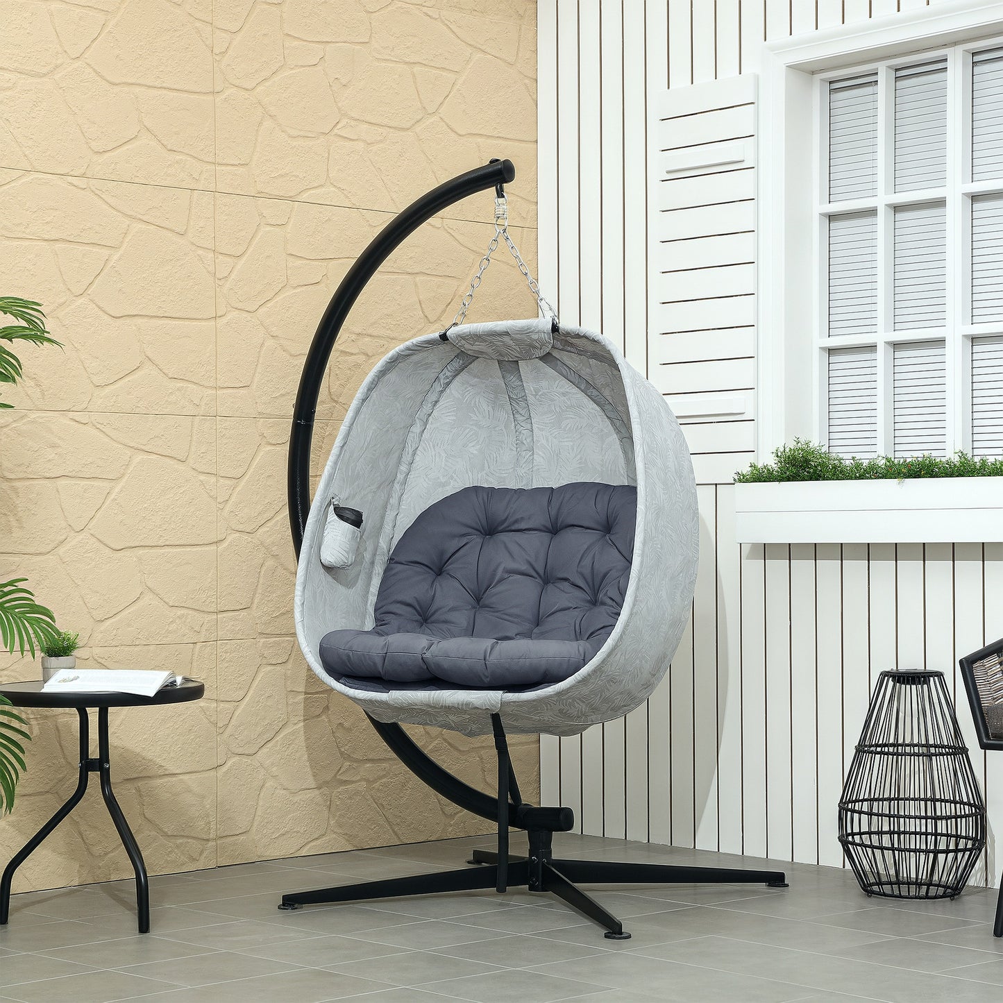 Outsunny Hanging Egg Chair: Outdoor/Indoor, Folding Basket, Stand, Thick Cushion, Cup Holder, Grey