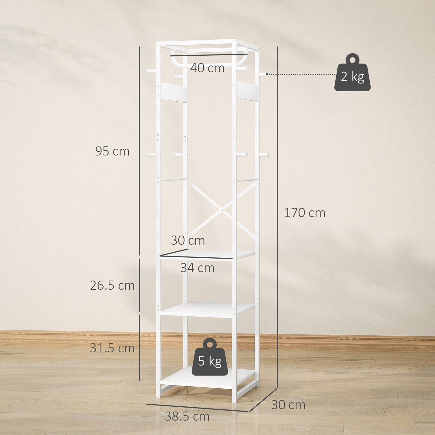 HOMCOM Clothes Rail with Storage Shelf and Hooks, Freestanding Clothes Rack for Entryway, Living Room, Bedroom, White Wood Grain