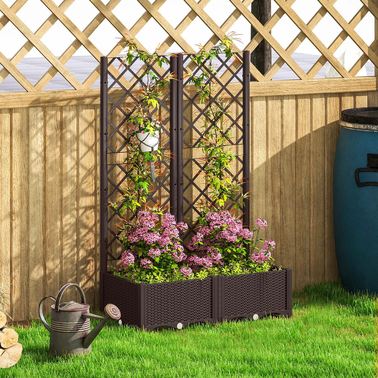 Outsunny Raised Garden Bed with Trellis, Plastic Planter Box with Drainage Holes 2 wide Brown