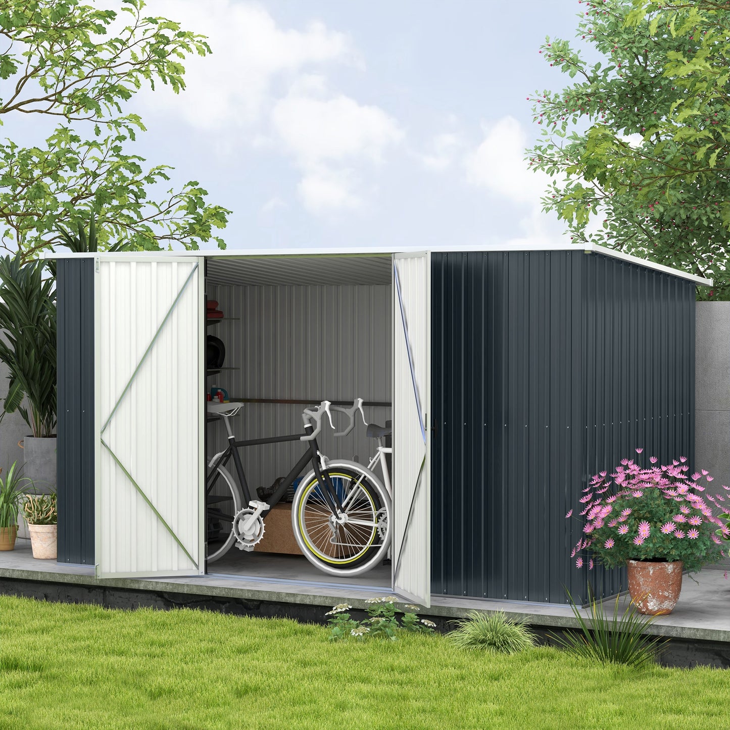 Outsunny 11x5.6ft Galvanised Steel Garden Shed with Lockable Doors and Gloves for Outdoor Patio, Garden Storage, Grey