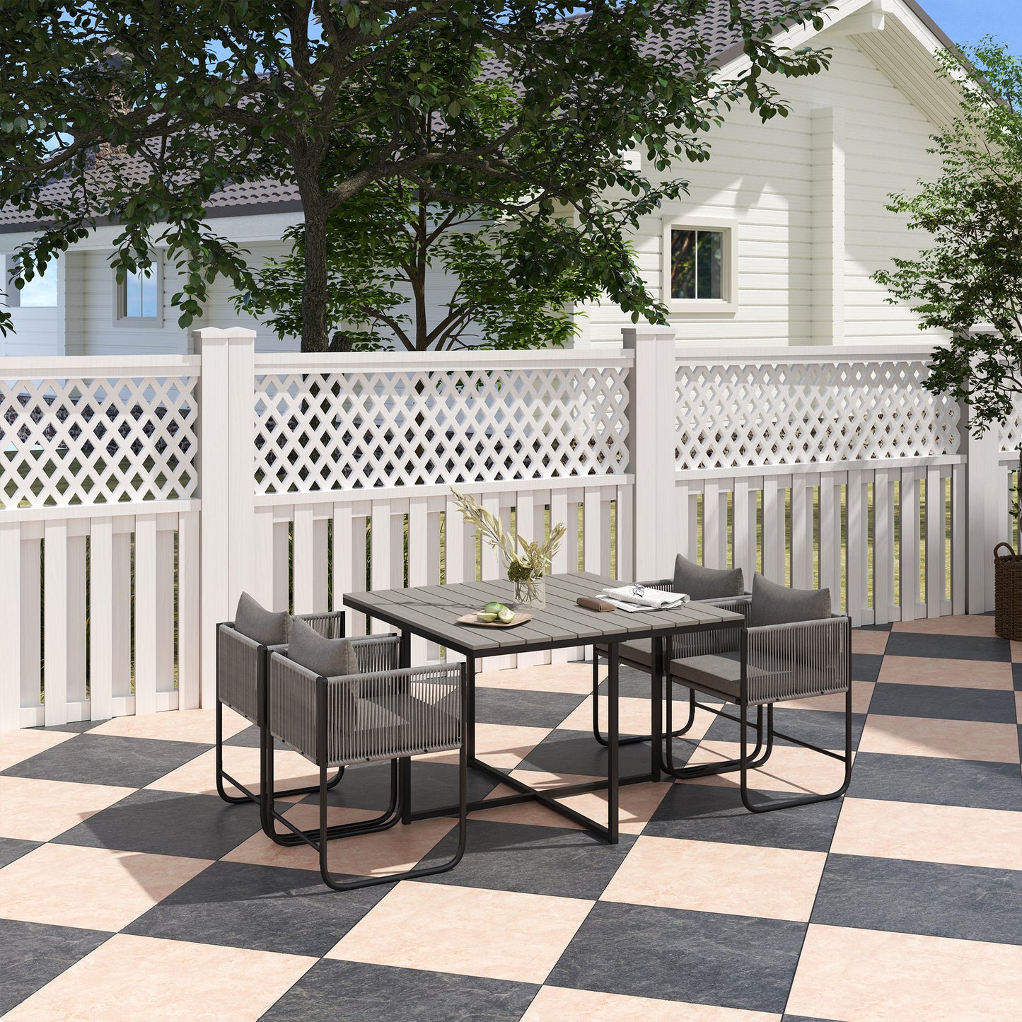 Outsunny 4 Seater Rattan Cube Dining Set with Cushions, Outdoor Table and Chairs, Wood Grain Top for Patio, Balcony, Grey