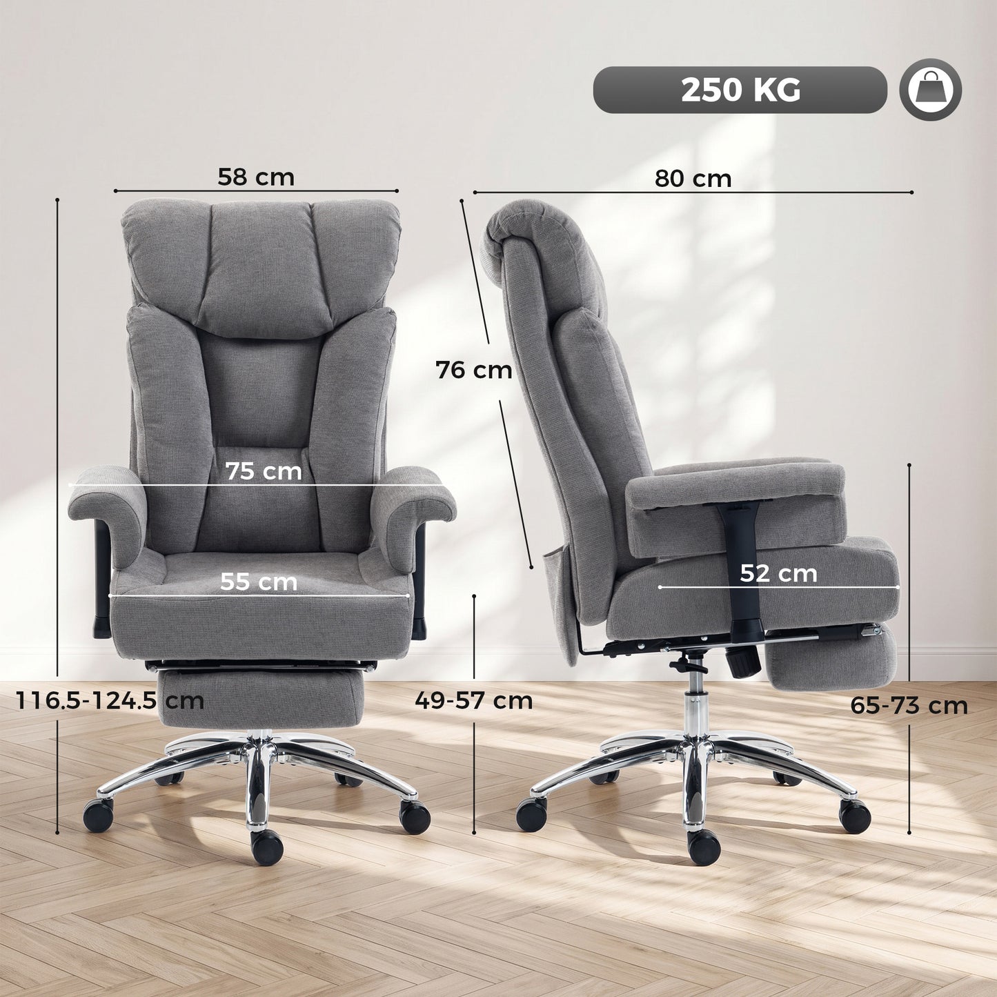 HOMCOM Big and Tall Office Chair, 250 kg Heavy Duty Executive Desk Chair with Adjustable Armrests and High Back, Dark Grey
