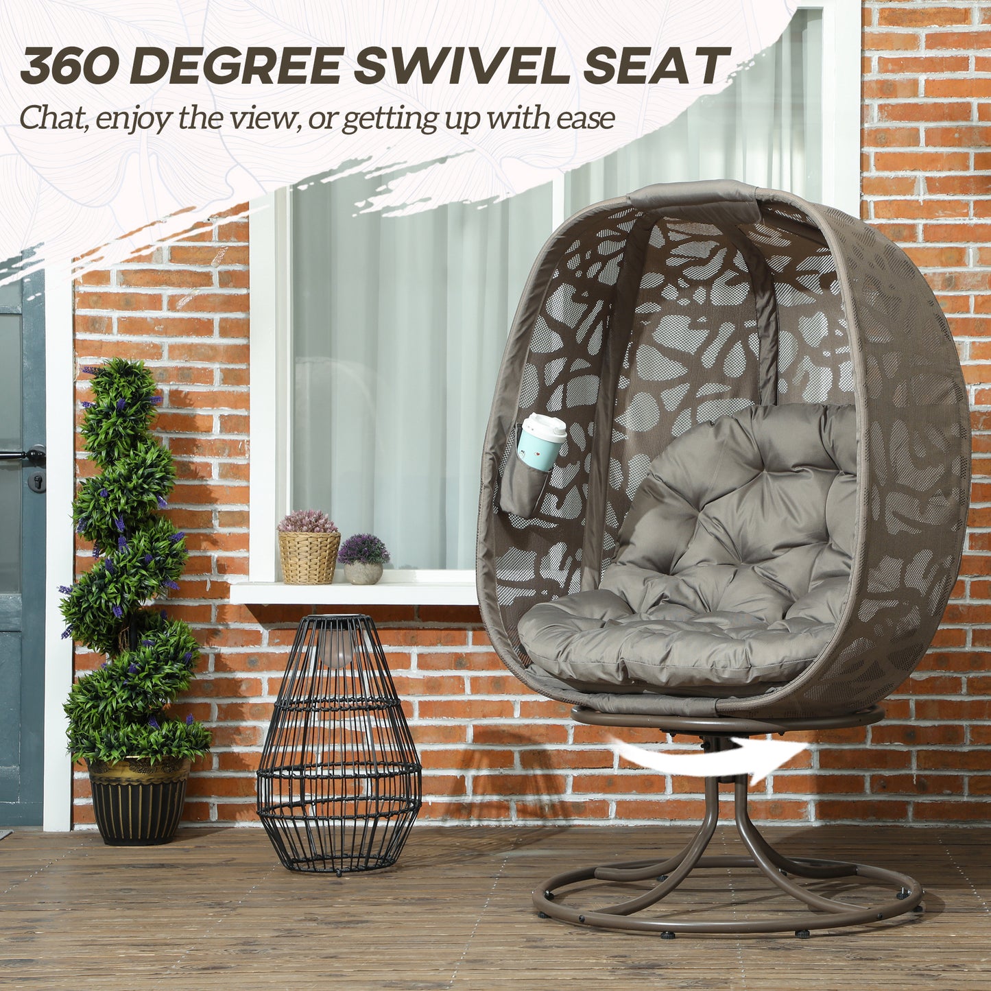 Outsunny Swivel Egg Chair w/ Cushions, Foldable Basket Seat & Metal Frame, Indoor/Outdoor, Sand Brown