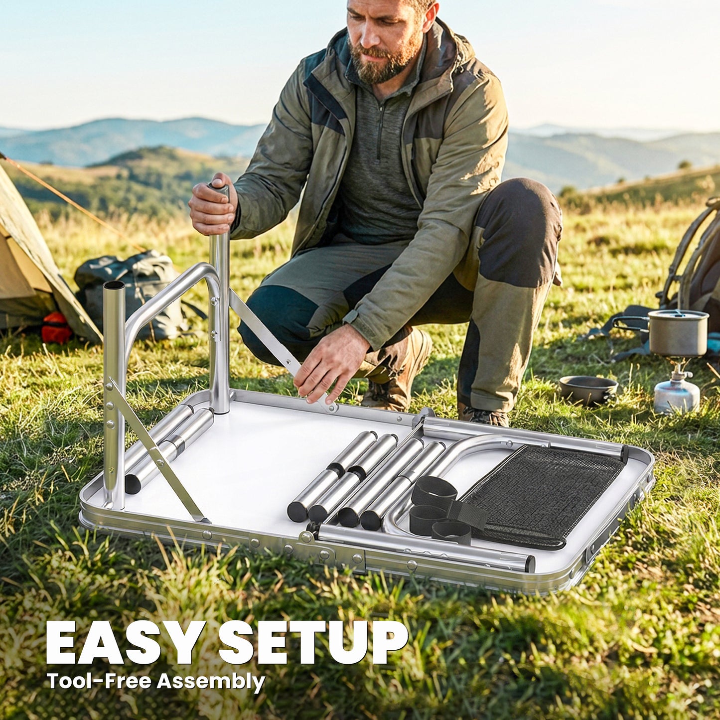 Outsunny 2ft Folding Camping Table, Picnic Table with Mesh Storage Layer, 4 Adjustable Heights and Carrying Handle