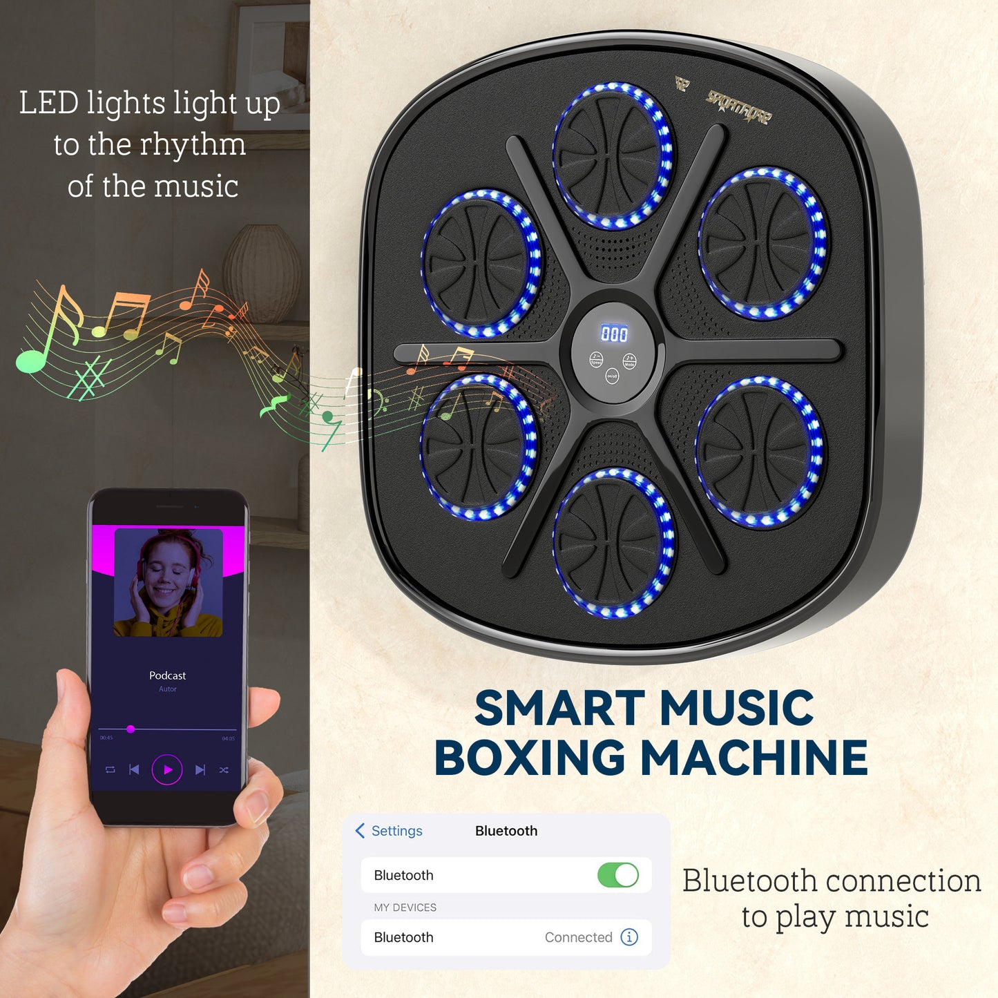 SPORTNOW Music Boxing Machine, Smart Bluetooth Wall-Mounted with 9 Speeds & Modes, LED Lights, Gloves, Punching Pad for Adults, Black
