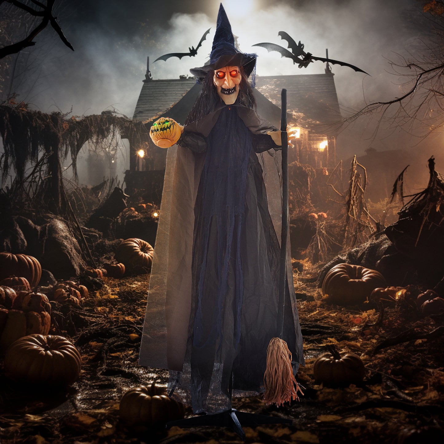 HOMCOM 190cm Witch with Broomstick Halloween Animatronic, Sound & Lights
