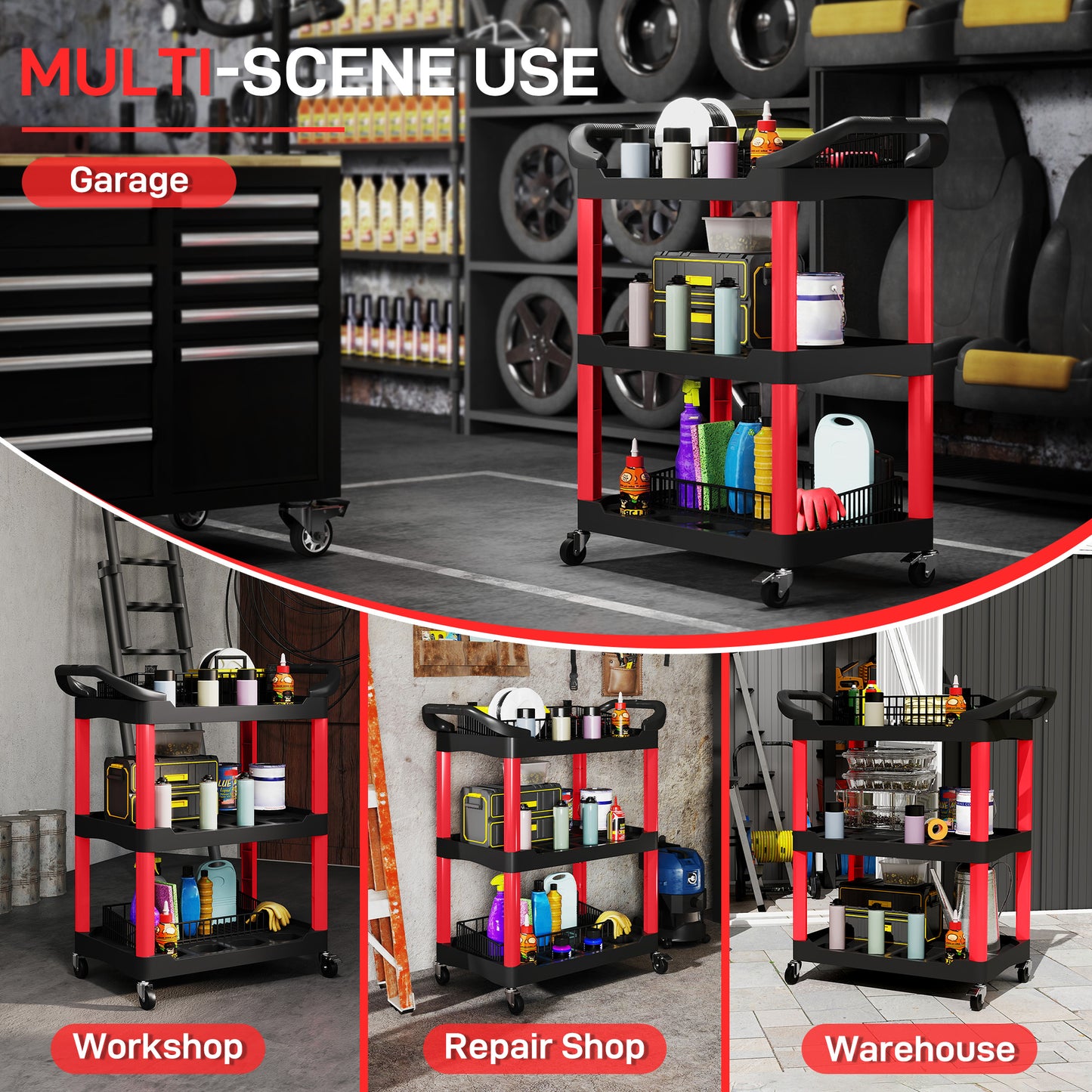 HOMCOM 3-Tier Rolling Tool Cart, Mobile Utility Trolley with Handles, 91kg Capacity for Garage/Mechanics/Warehouse, Black and Red