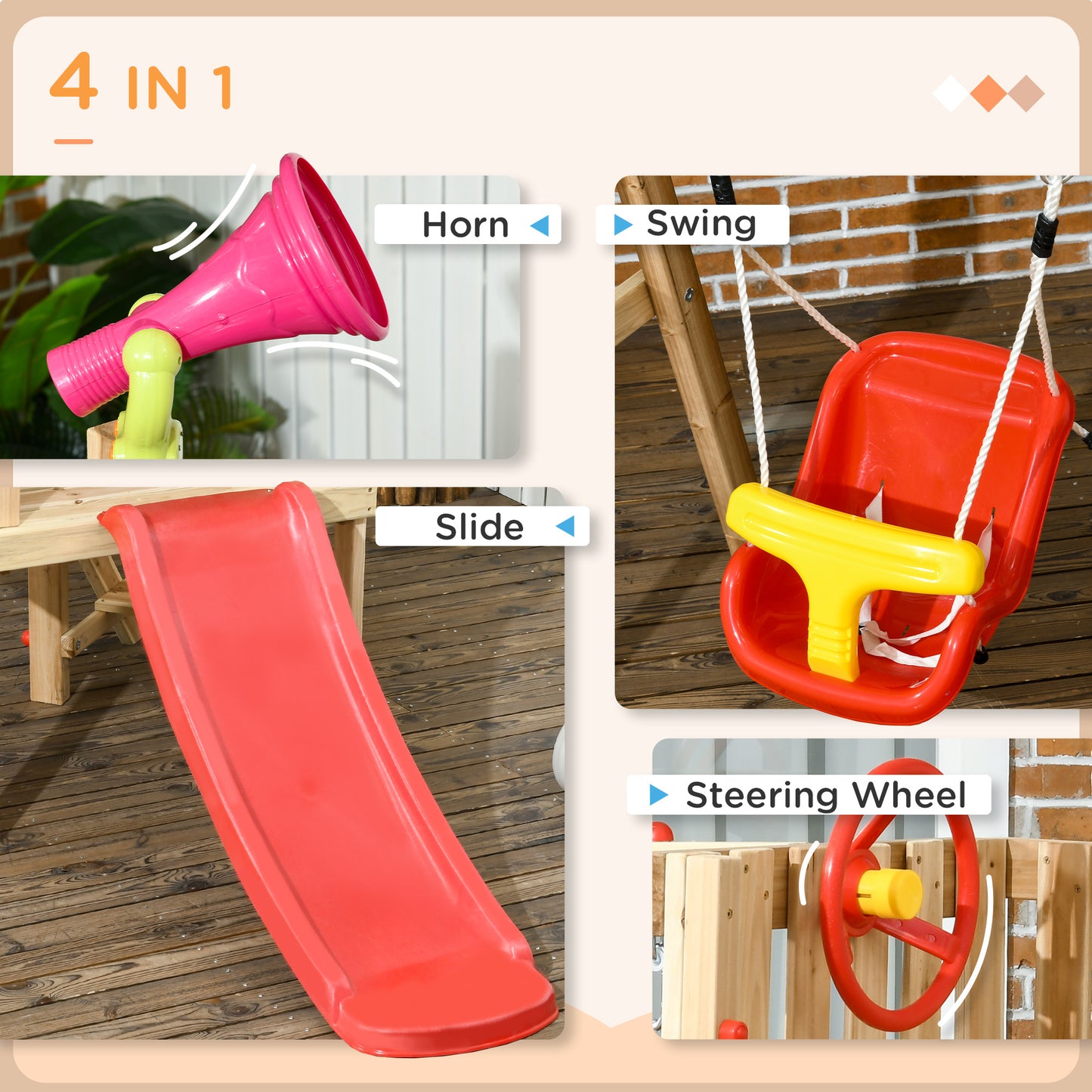 Outsunny Wooden Swing and Slide Set for Toddler 18-48 Months Outdoor Use - Red and Brown