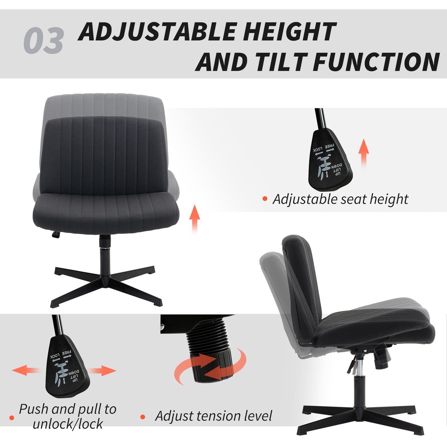 HOMCOM Armless Office Chair, Linen Fabric, Criss Cross Legs, Padded, Tilt & Height Adjustable Swivel Seat for Home Office, Black