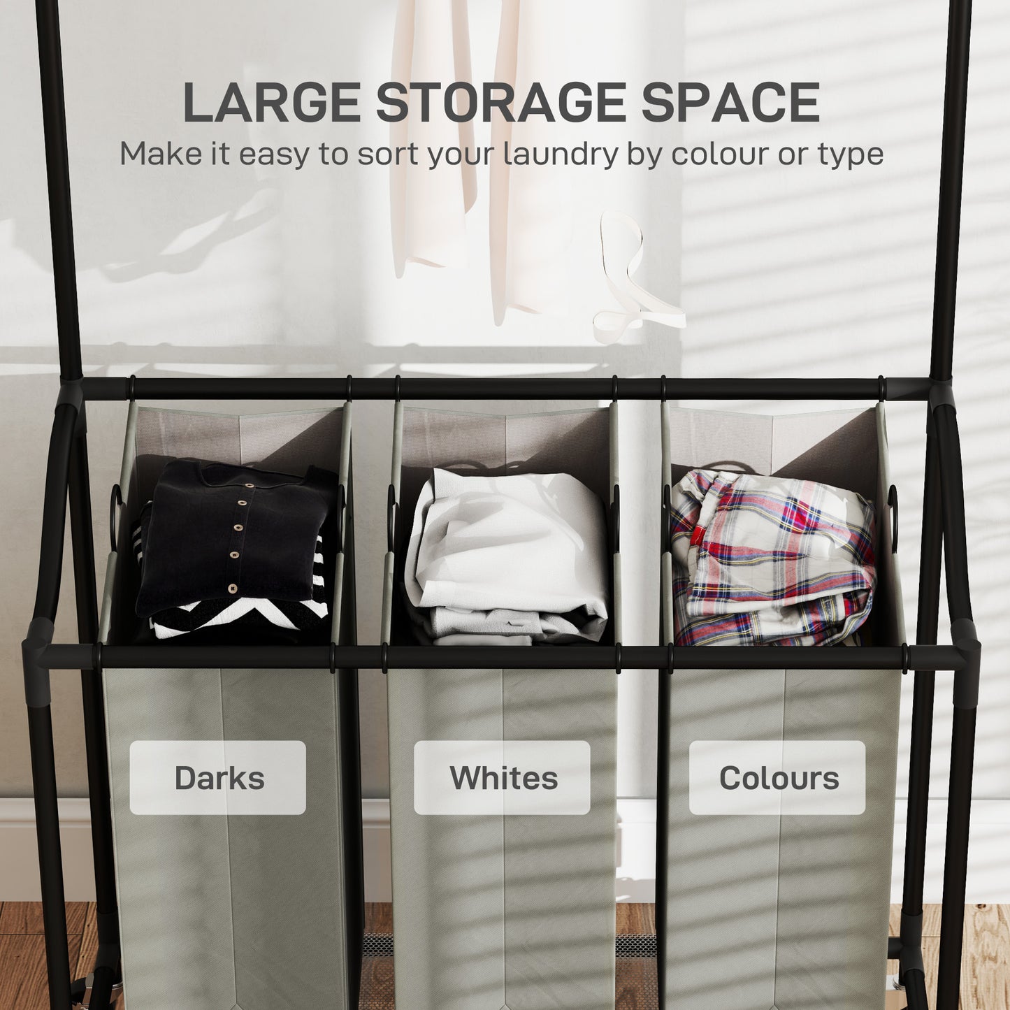 HOMCOM Laundry Sorter, Rolling Basket with Hanging Rail & 3-Bag Organizer for Bedroom/Bathroom, 88-149.5L x 40W x 167H cm, Dark Grey