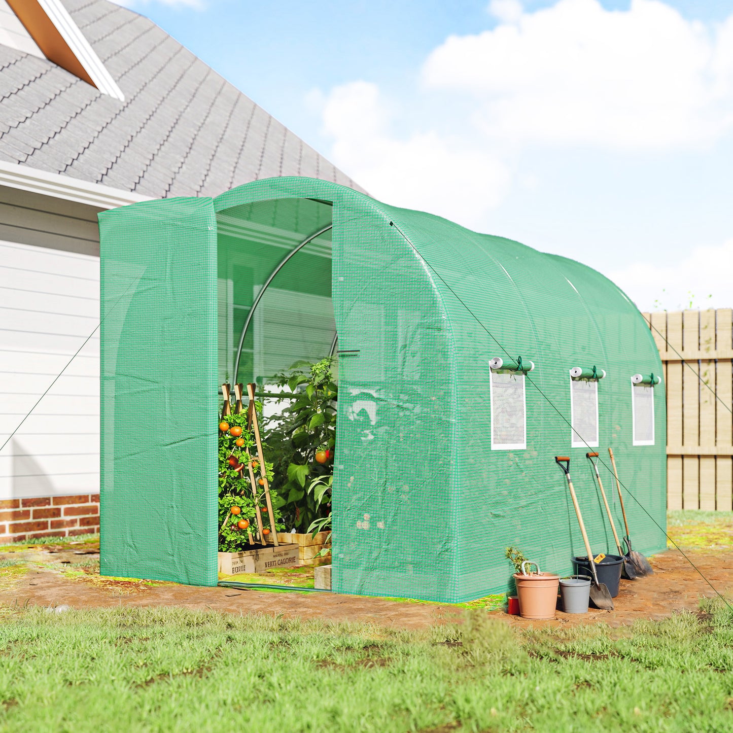 Outsunny 2 x 3 m Walk-in Polytunnel Greenhouse with Hinged Door and 6 Roll Up Mesh Windows, Garden Tunnel Warm House Tent, Green