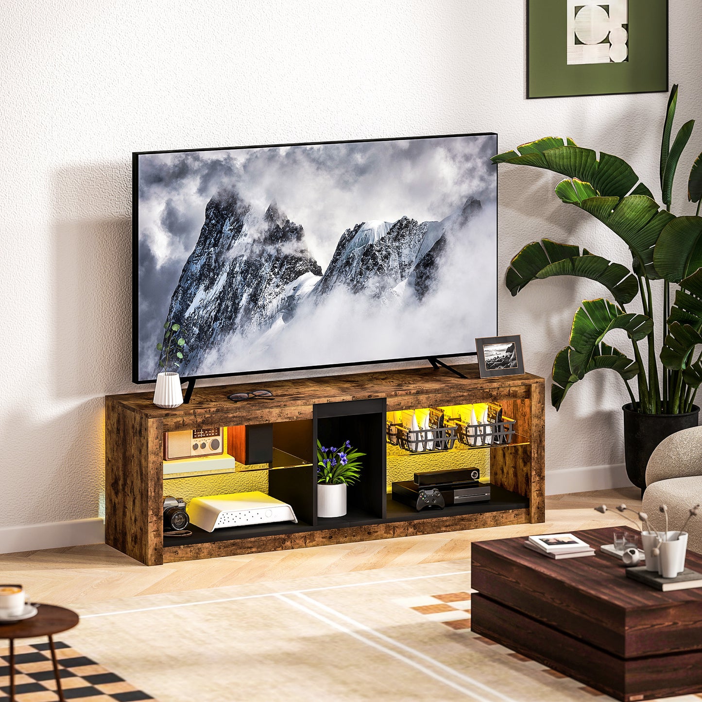 HOMCOM TV Stand Cabinet with LED Lights & Remote Control for TVs up to 65", Storage Shelves & Compartment, Rustic Brown