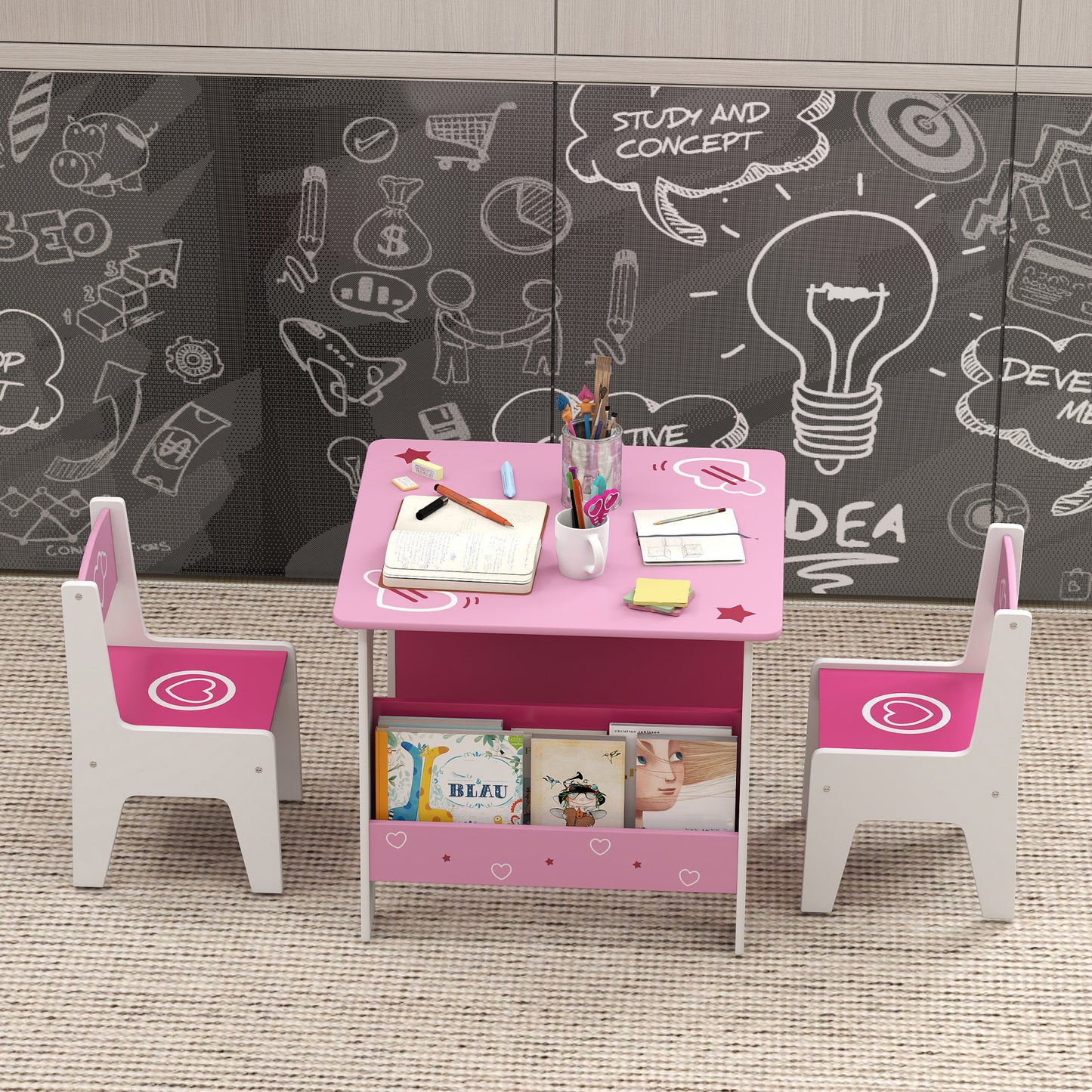 AIYAPLAY 3 Pieces Kids Table and Chair Set, Toddler Activity Table with Bookshelves, for Living Room, Nursery, Playroom, Pink