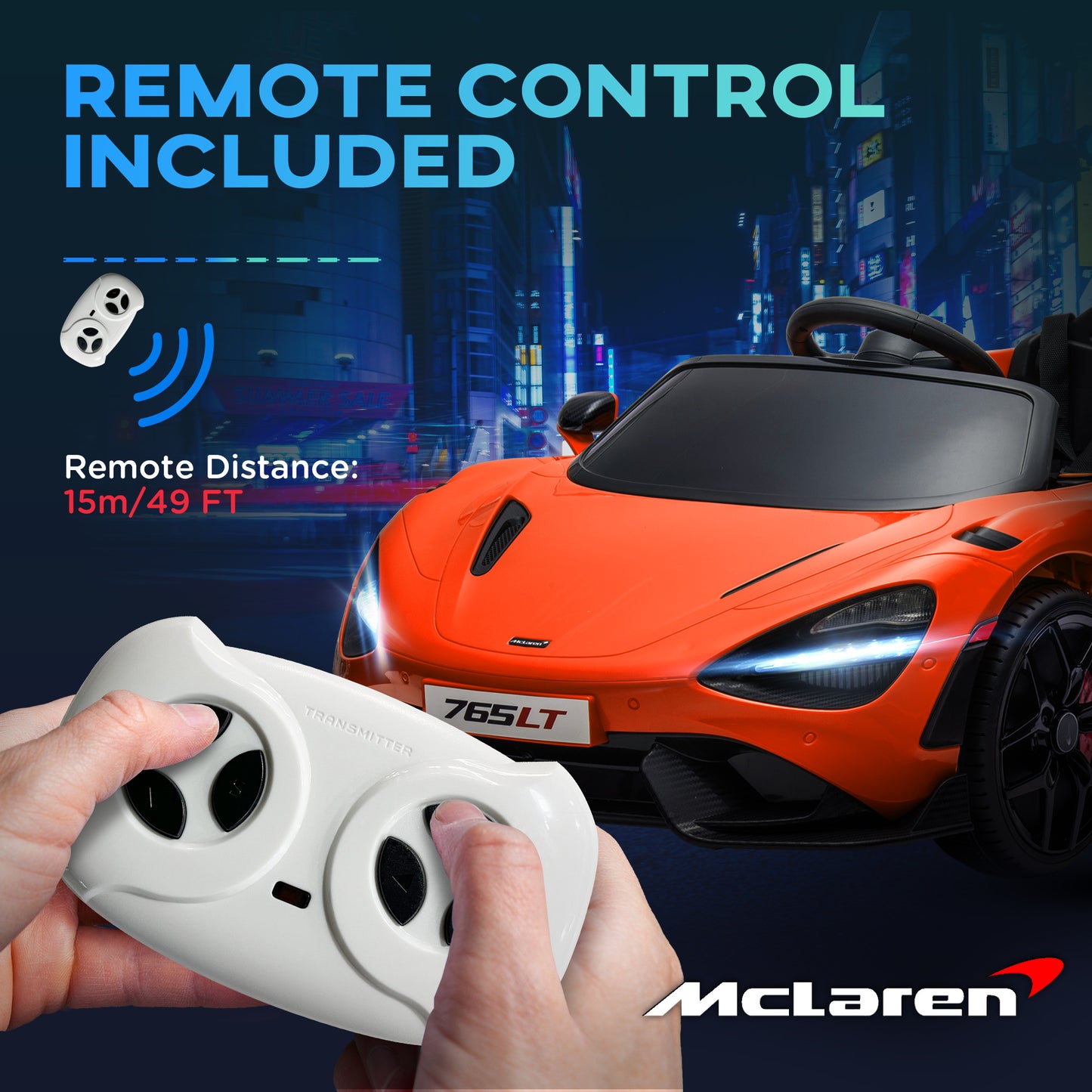 AIYAPLAY McLaren 765LT Licensed 12V Kids Electric Ride on Car with Butterfly Doors Remote Control Training Wheels Orange