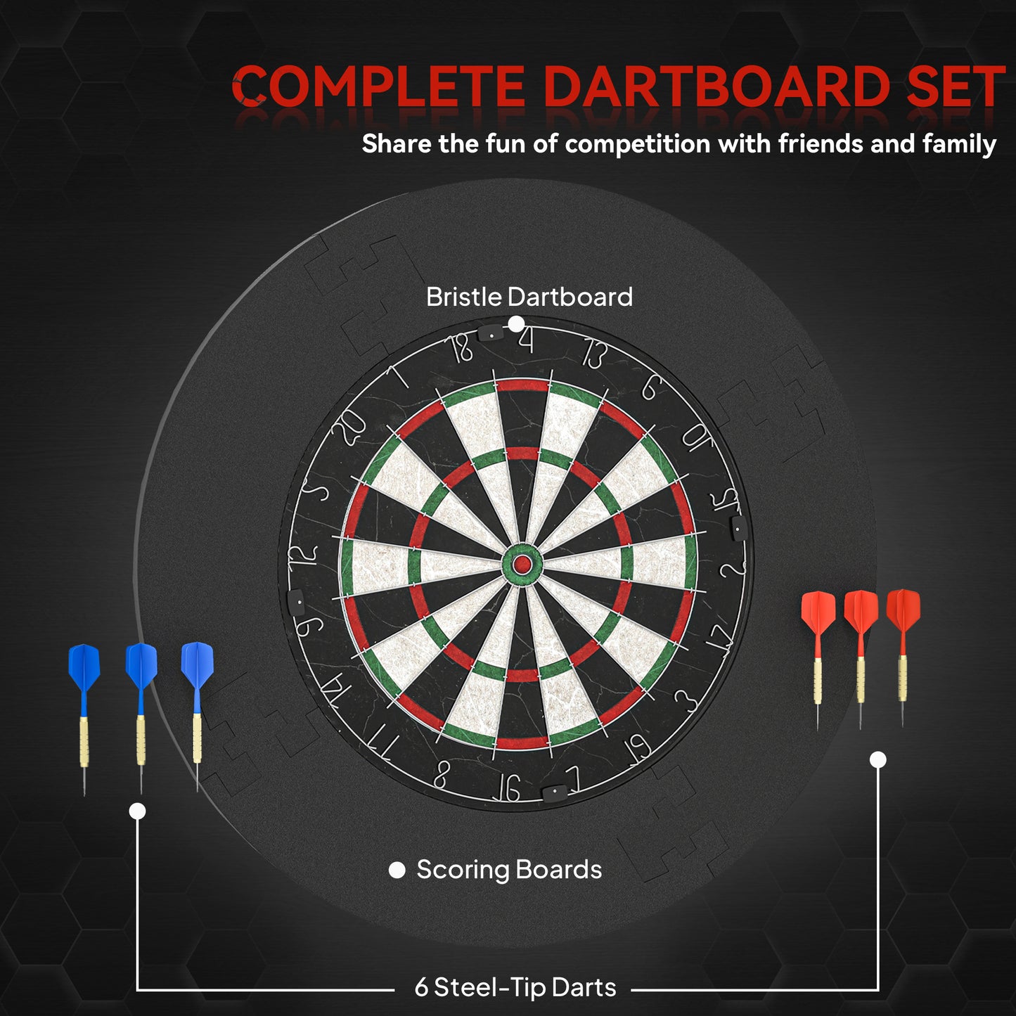 SPORTNOW Professional Bristle Dartboard Set with EVA Surround Ring, 6 Steel Tip Darts, Black