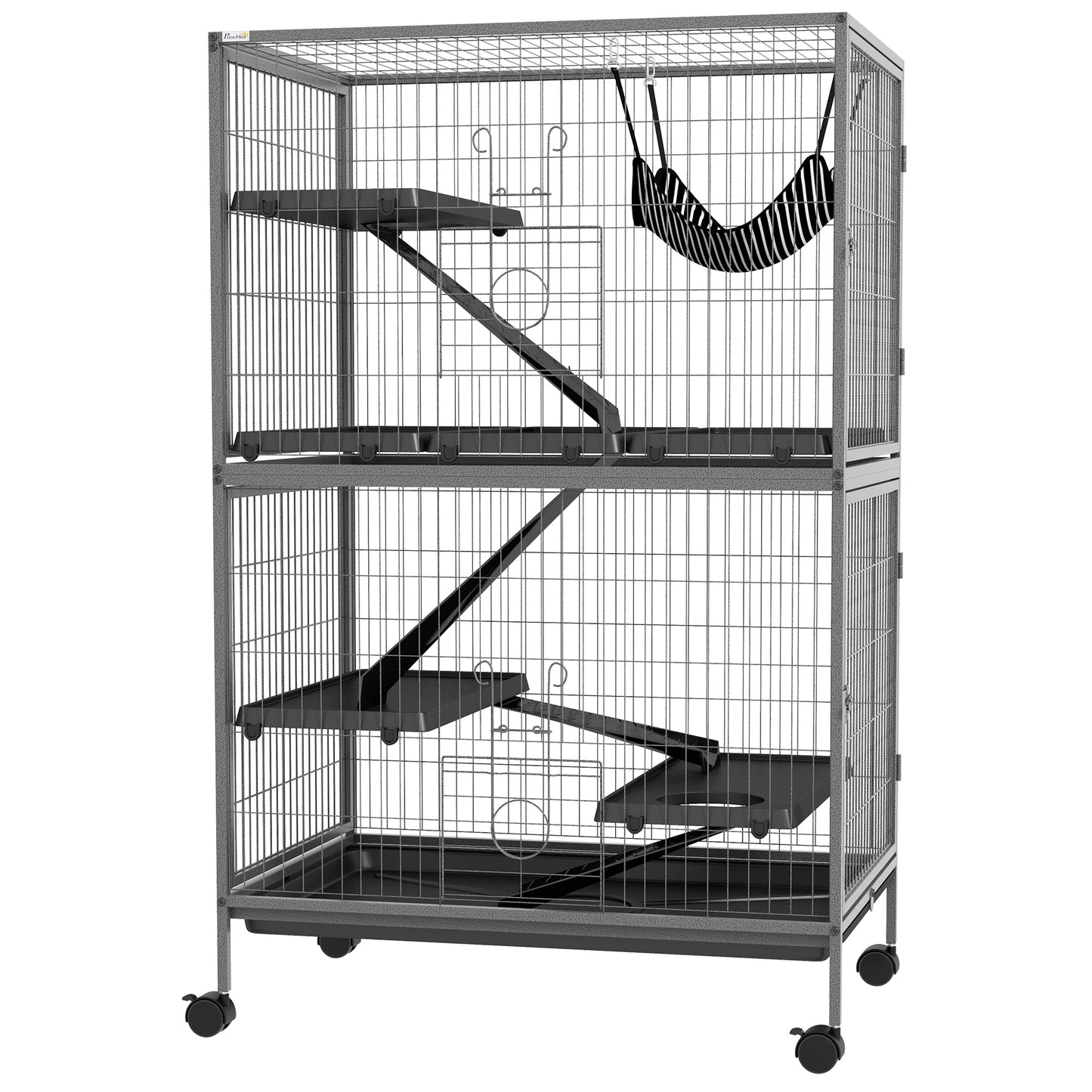 PawHut Small Animal Cage for Chinchilla Ferret Kitten on Wheels with Hammock Removable Tray Silver Grey