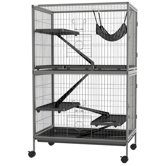 PawHut Small Animal Cage for Chinchilla Ferret Kitten on Wheels with Hammock Removable Tray Silver Grey