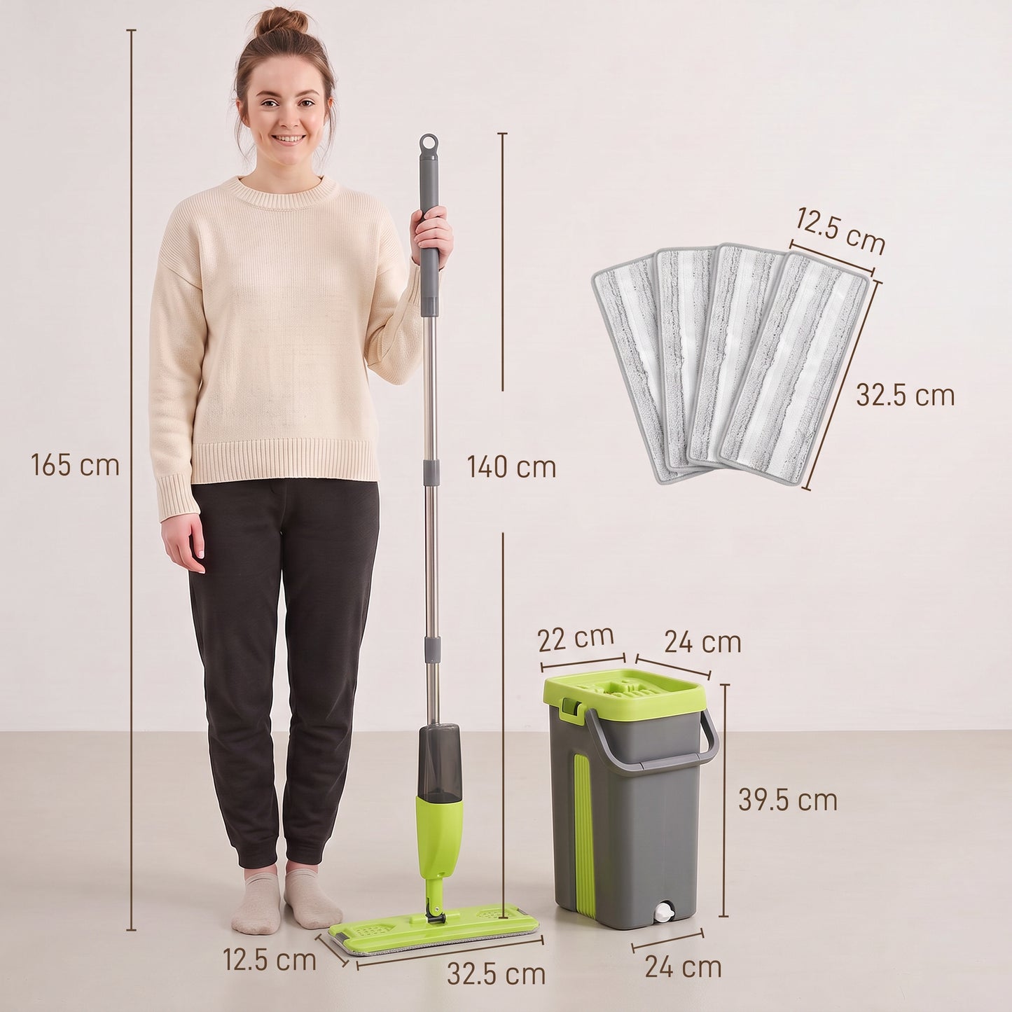 HOMCOM Mop and Bucket Set, Compact Flat Mop System with Wringer, 2 Chambers, 5 Reusable Pads, Dark Grey and Green