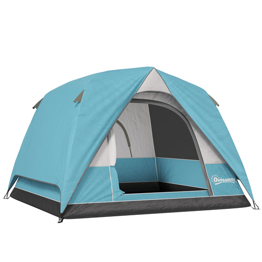 Outsunny 3-4 Person Easy Set Up Waterproof Dome Camping Tent with Groundsheet, Mesh Windows, Pocket, Hook, Navy Blue/Light Blue