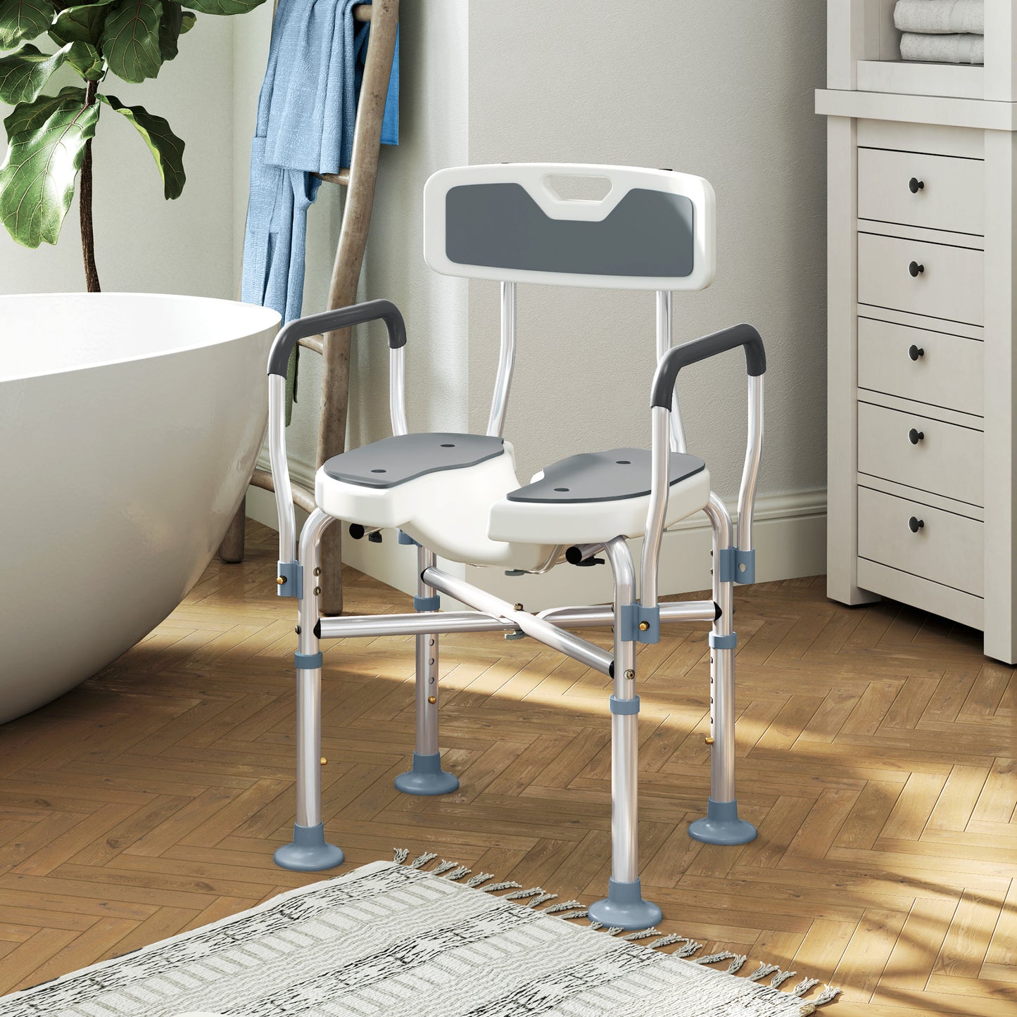HOMCOM Shower Chair, Upgraded U-shaped Seat, Height Adjustable, Non-slip Feet, Tool-Free, Grey