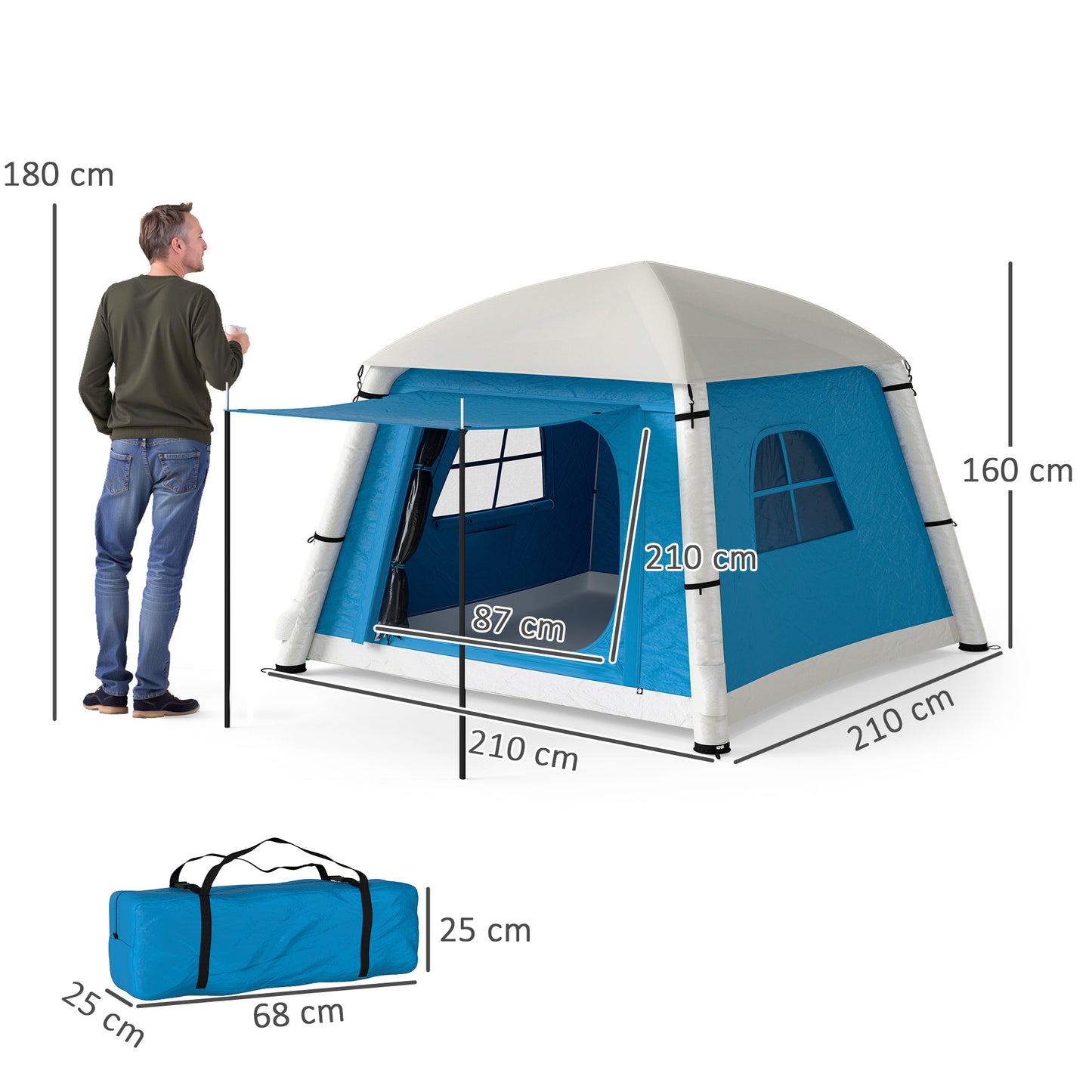 Outsunny Inflatable Camping Tent with Hand Pump, Easy Setup for 1/2 Person, Waterproof and Windproof with Carry Bag, Light Blue/Grey