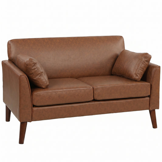 HOMCOM 2 Seater Sofa, 132 cm Modern Small Sofa with Solid Wood Legs and 2 Pillows for Small Space, Brown