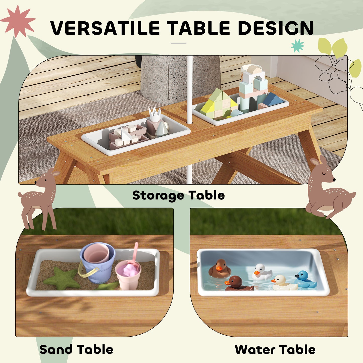 AIYAPLAY Kids Picnic Table, Sand and Water Table with Wooden Benches, Adjustable Parasol and Storage Bins, Multicolour