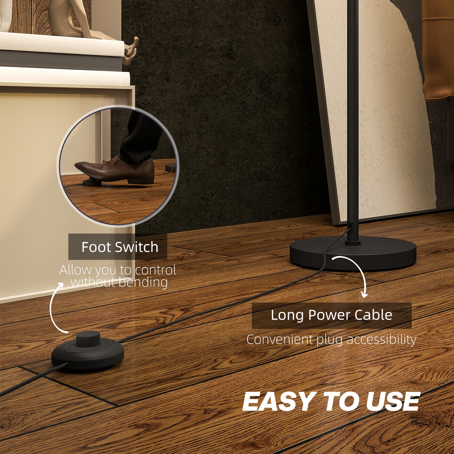 HOMCOM Modern Floor Lamp with Dual-Layer Shade & Foot Switch, Height Adjustable Tall Pole for Bedroom, Office, Living Room, Black