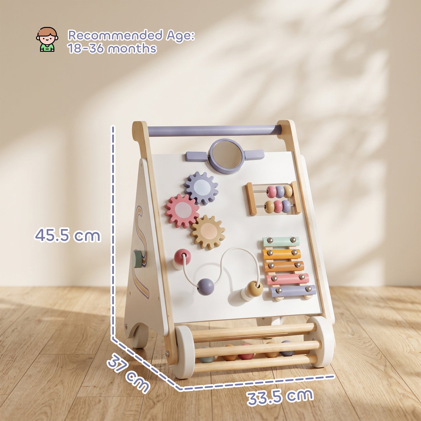 AIYAPLAY Wooden Baby Walker, Montessori Push Along Toy with 5 Blocks and Xylophone Mallet, Adjustable Speed for Toddlers 1.5-3Y
