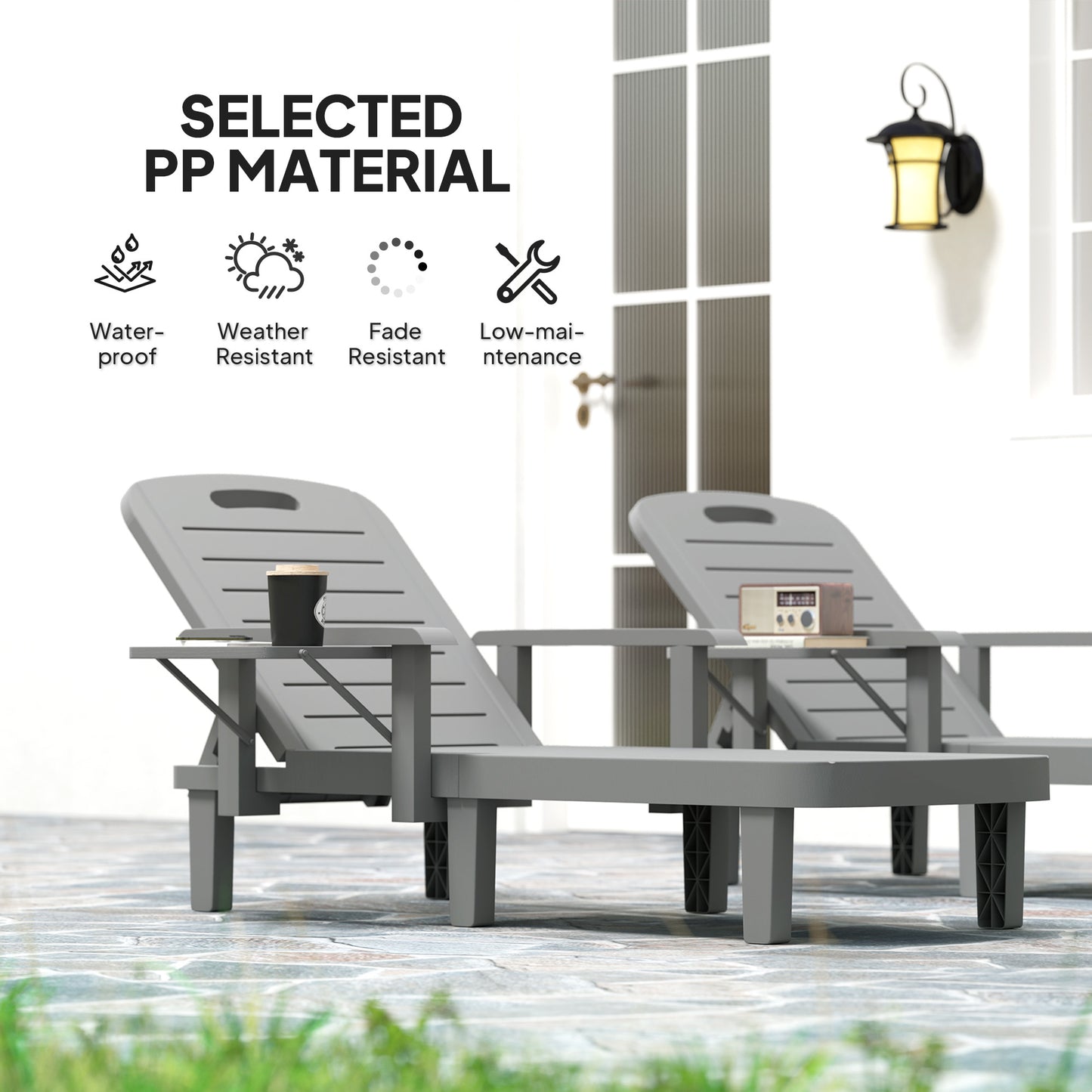 Outsunny Set of 2 Resin Reclining Sun Loungers, 5 Positions Adjustable Chaise Lounge with Armrests, Foldable Side Table, Dark Grey