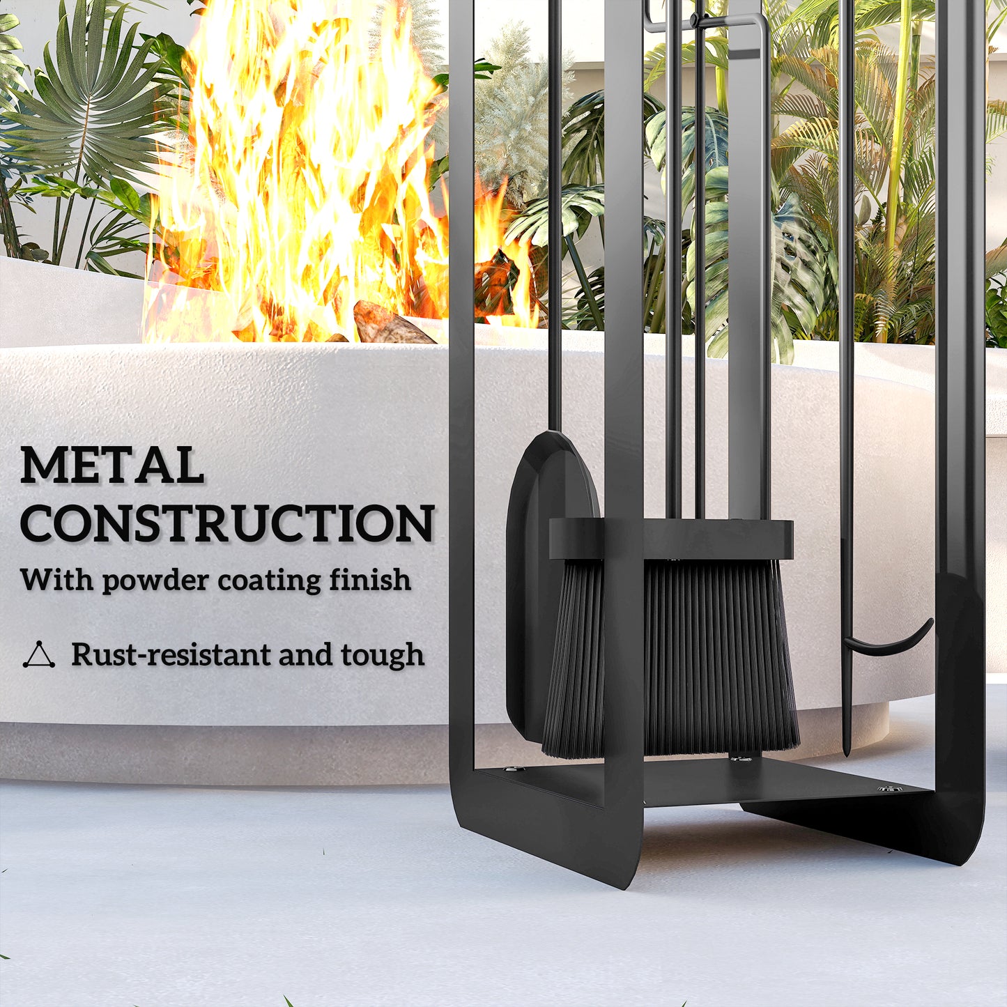 Outsunny 5 Piece Metal Fireplace Set - Includes Brush, Shovel, Poker, Tongs, and Stand, Black.