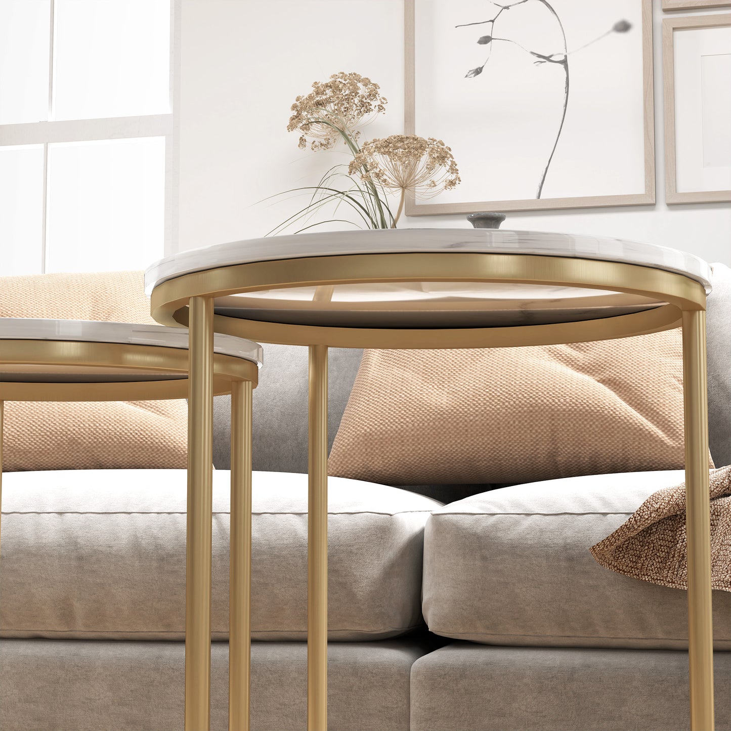 HOMCOM Set of Two Marble-Effect Nest of Tables - White/Gold-Tone