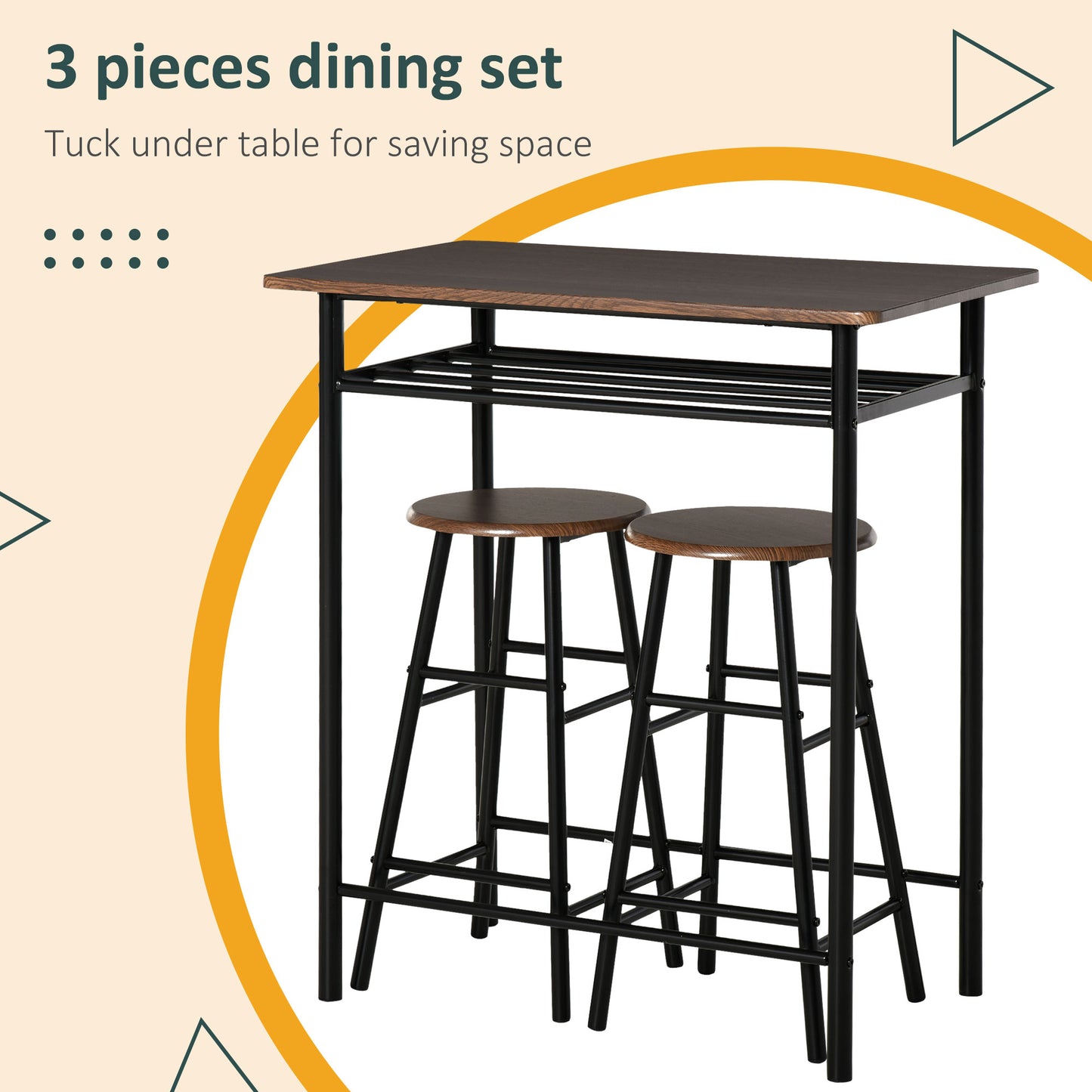 HOMCOM 3-Piece Dining Kitchen Set with 1 Table and 2 Matching Chairs for Home Pub Cafe