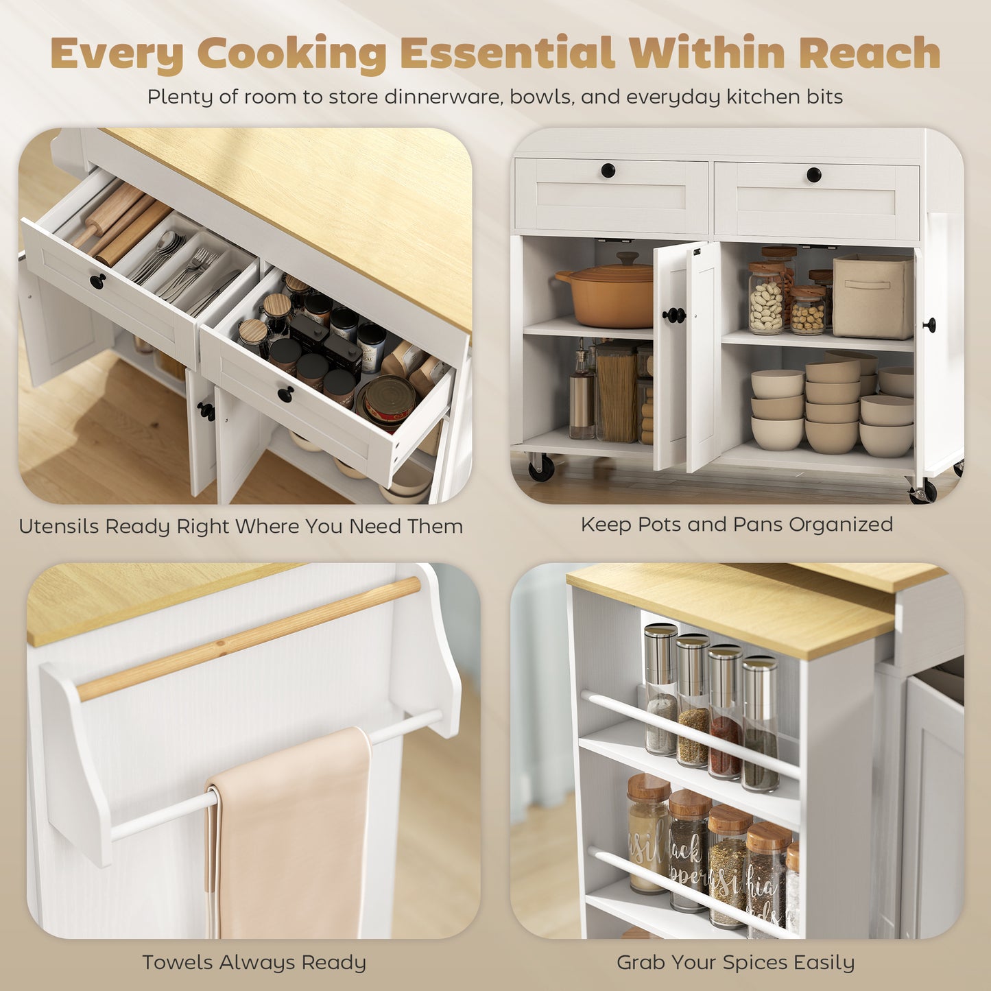 HOMCOM Rolling Kitchen with Expandable Top, Kitchen Island on Wheels with USB Ports & Power Outlets, Storage, White