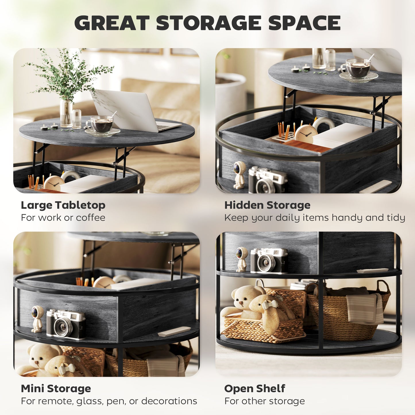 HOMCOM Lift Top Coffee Table, Round Coffee Table with Storage Shelf, Hidden Compartment and Steel Frame for Living Room, Home Office, Charcoal Grey