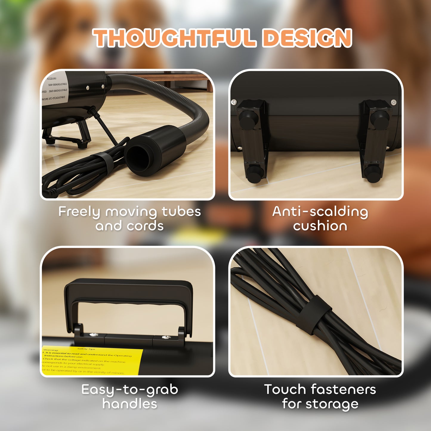 PawHut 2200W Dog Hair Dryer with Adjustable Temperature & Velocity, 3 Different Nozzles, Black