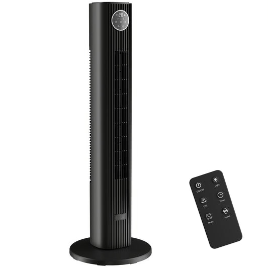 HOMCOM 28dB Tower Fan for Bedroom, 26 ft/s Velocity Standing Cooling Fan with 80° Oscillating, 12 Speeds, LED Display, 4 Modes, 12H Timer, Remote Control, 36 inch, Black