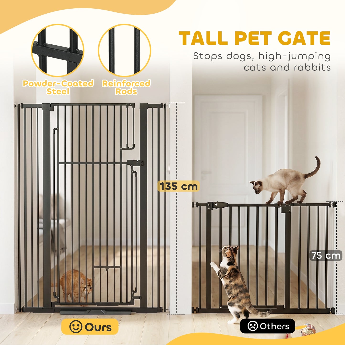 PawHut 135cm Extra Tall Dog Gate with Cat Door, Fits Openings 81-108 cm Pressure Mounted for Doorways, Hallways, No Drilling