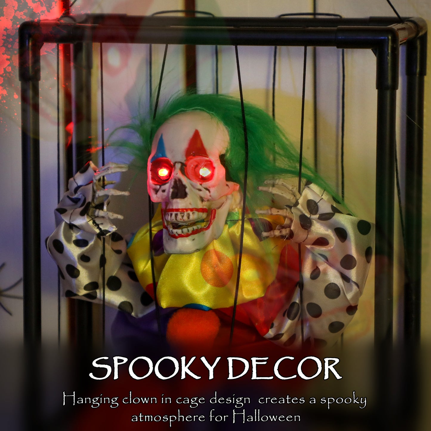 Outsunny Halloween Animated Clown in Cage with LED Eyes, Spooky Decorations, Battery Operated, Indoor Party Props, Halloween Decor - Clown