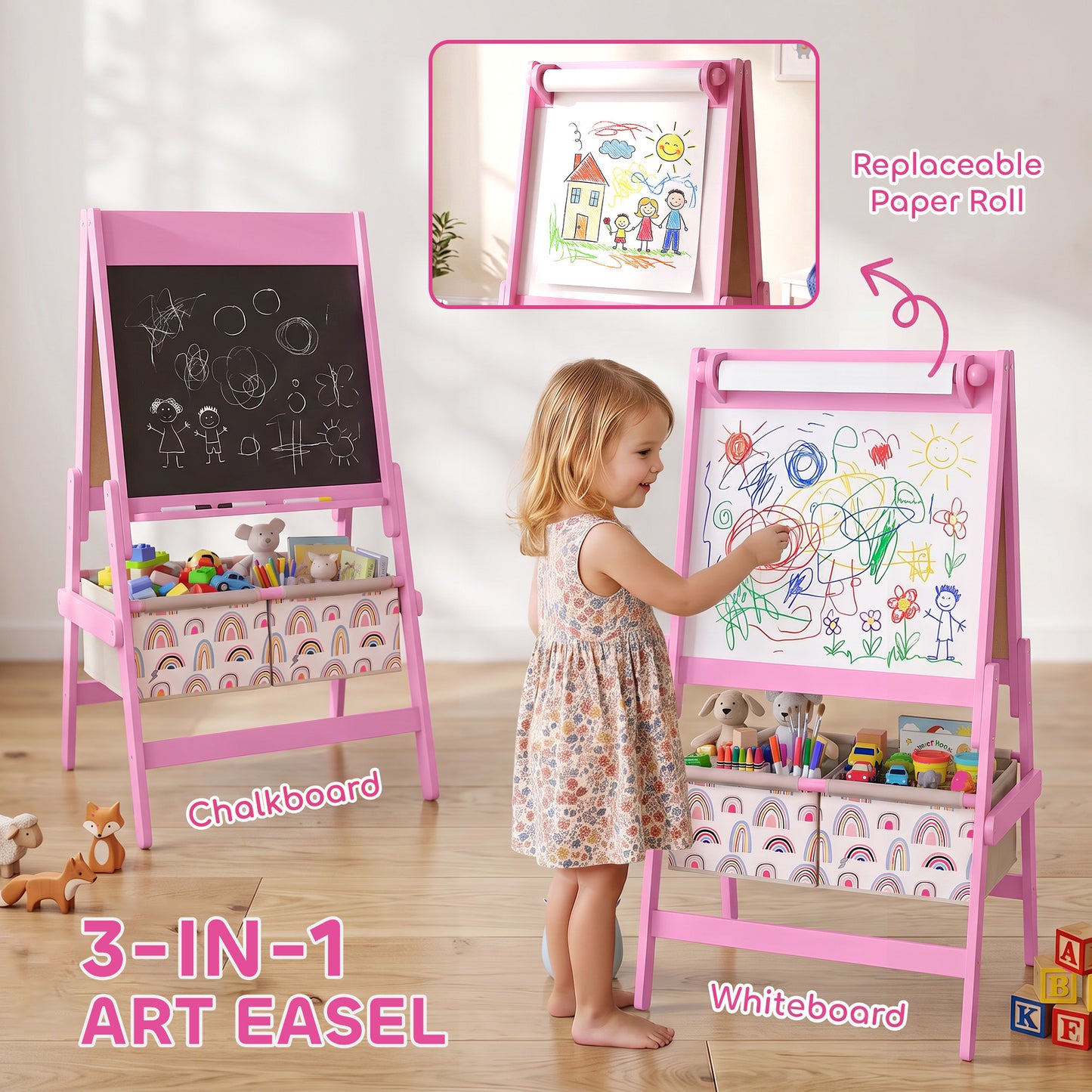 AIYAPLAY Art Easel for Kids, 3-in-1 Kids Easel with Chalkboard, Whiteboard, Paper Roll, Storage, Under-Board Shelf for 3-8, Pink