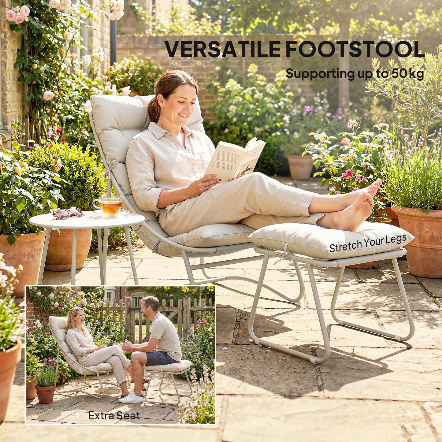 Outsunny Bistro Set for Garden, 3 Piece Outdoor Table and Chair with Footstool and Cushions, Comfy Balcony Furniture