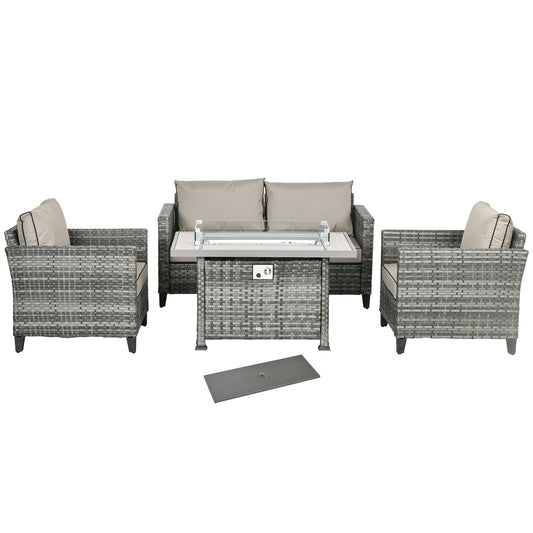 Outsunny 5-Piece Rattan Patio Furniture Set with Gas Fire Pit Table Loveseat Sofa Armchairs Cushions Pillows Grey