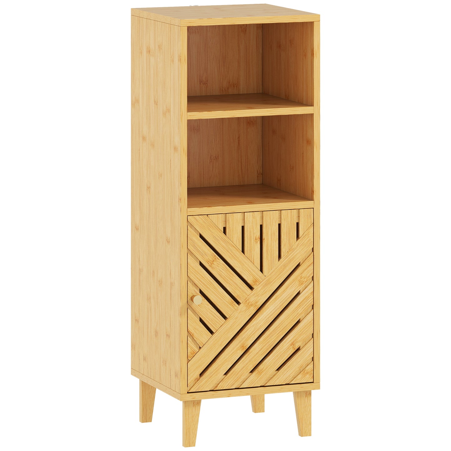 HOMCOM Slim Bathroom Cabinet, Narrow Freestanding Storage Cupboard with Bamboo Door and Legs, Open Compartments, Natural Wood Finish.