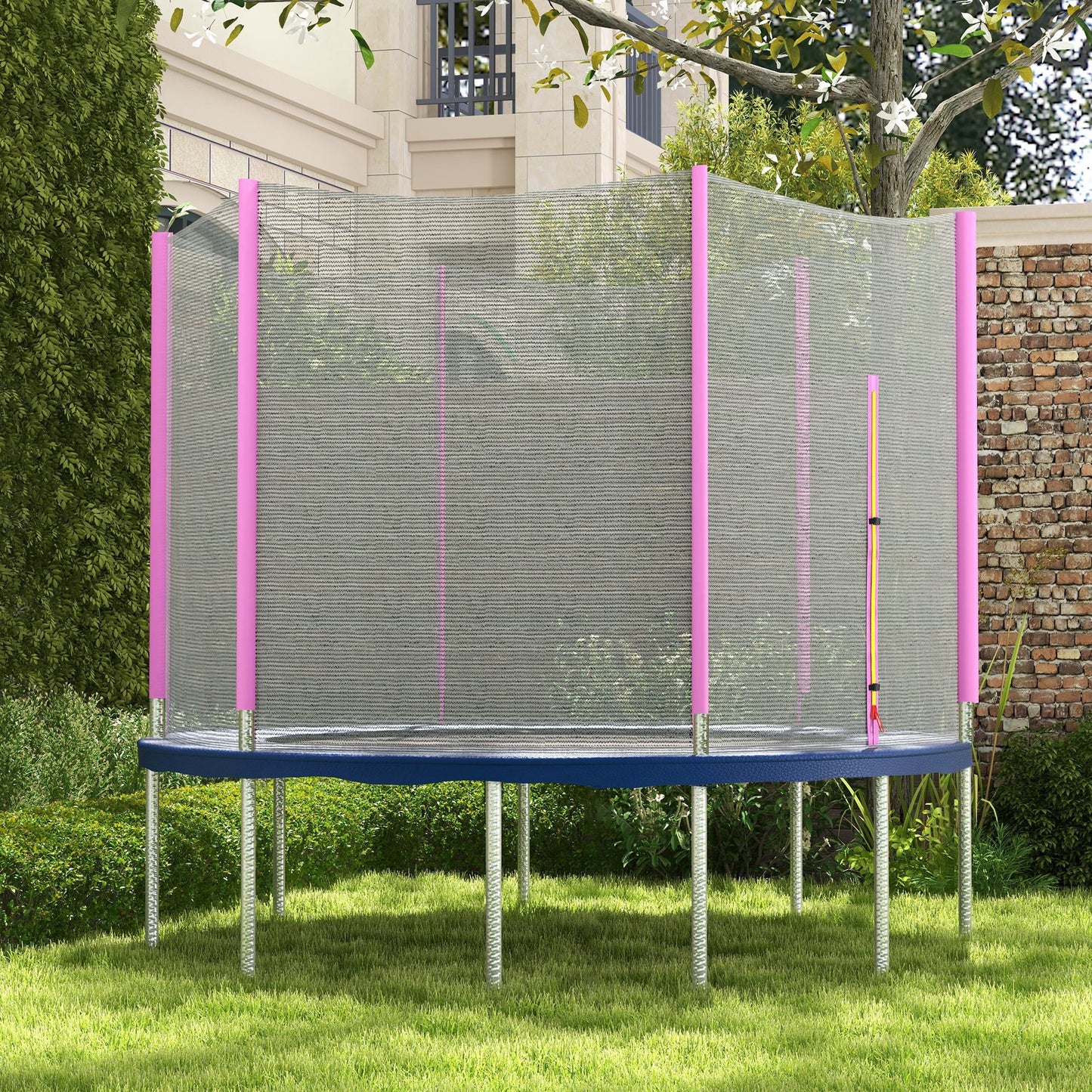 SPORTNOW 10ft Trampoline Net, Replacement Safety Net Enclosure Net with Zipped Door and  6 Plastic Pole Covers, Pink