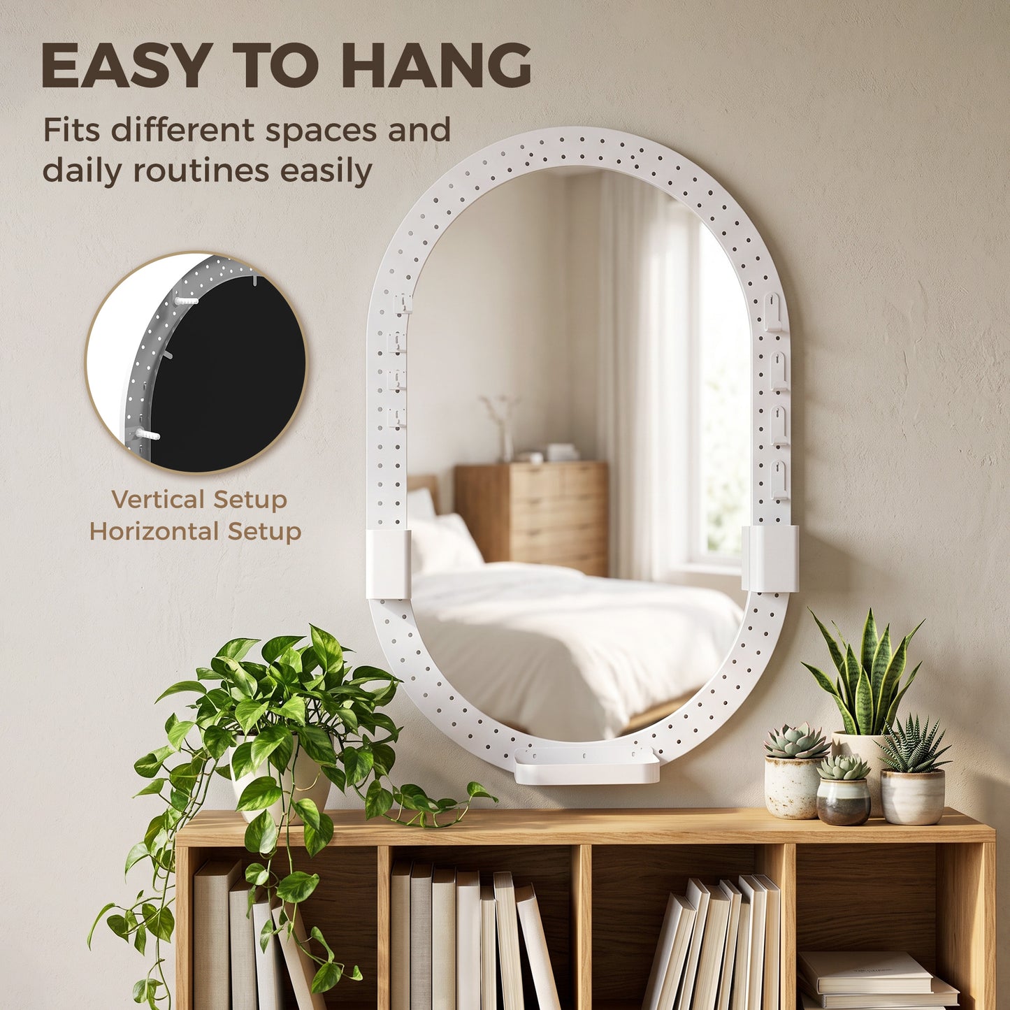 HOMCOM Oval Wall Mirror, 60 x 90 cm Decorative Hanging Mirror with Pegboard Frame, Wall-Mounted, White