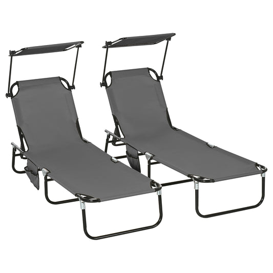 Outsunny 2 Piece Folding Sun Loungers w/ Canopy, Adjustable Garden Chairs, Steel Frame, Dark Grey