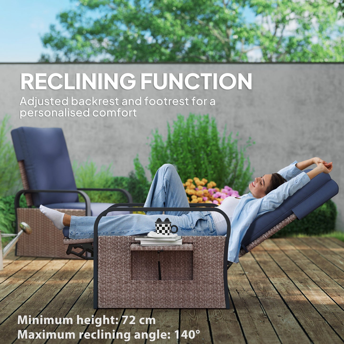 Outsunny 140° Reclining Rattan Armchair - Brown/Blue