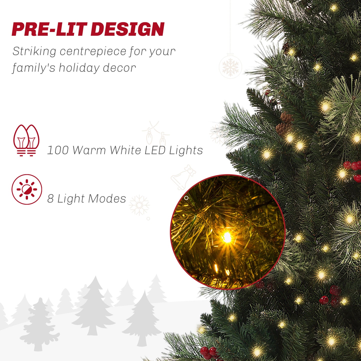 HOMCOM 1.2m/4ft Artificial Christmas Tree with 100 Warm White LED Lights Green