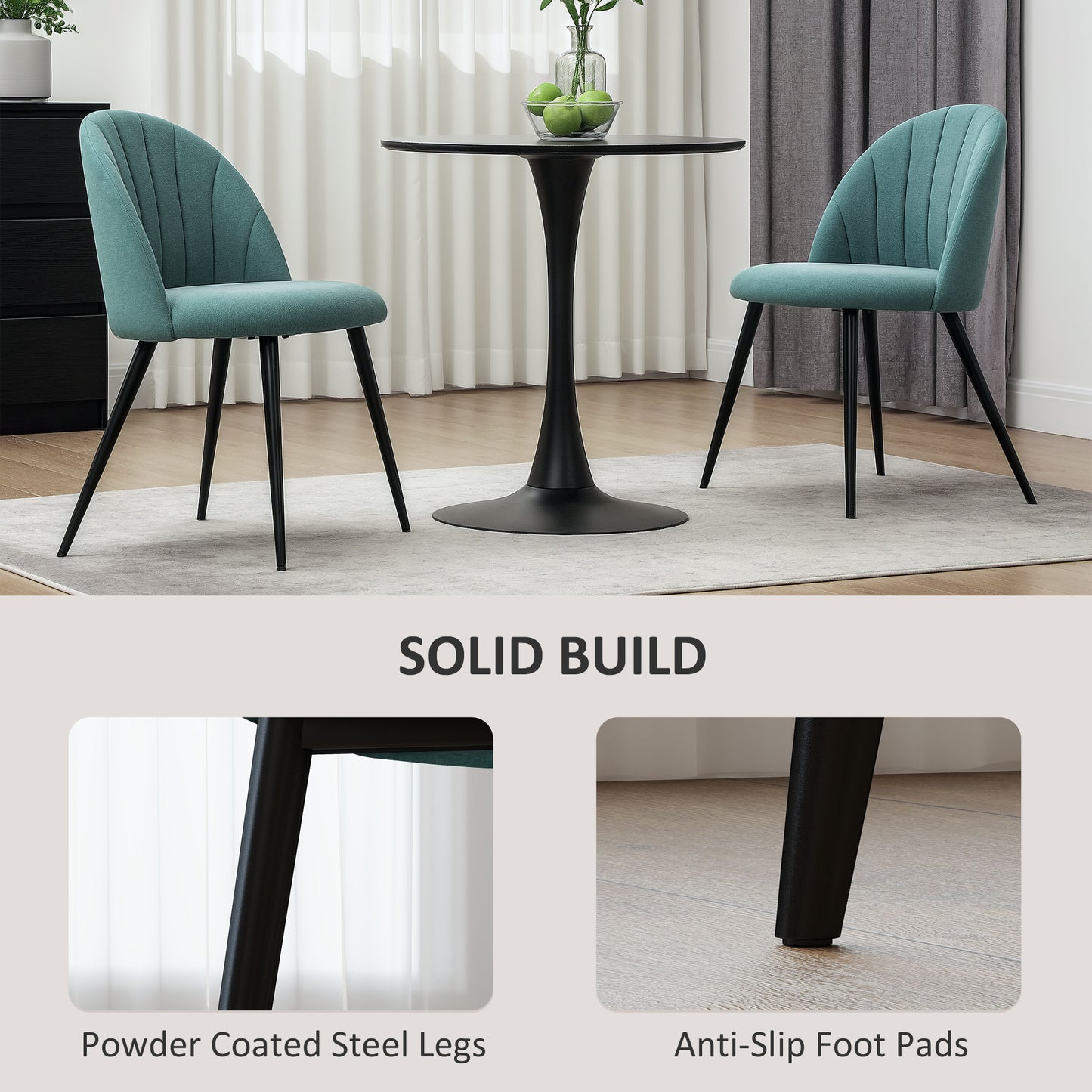 HOMCOM Velvet Dining Chairs Set of 2, Modern Upholstered Kitchen Chairs with Metal Legs, Shell Backrest, Padded Seat for Dining Room, Green