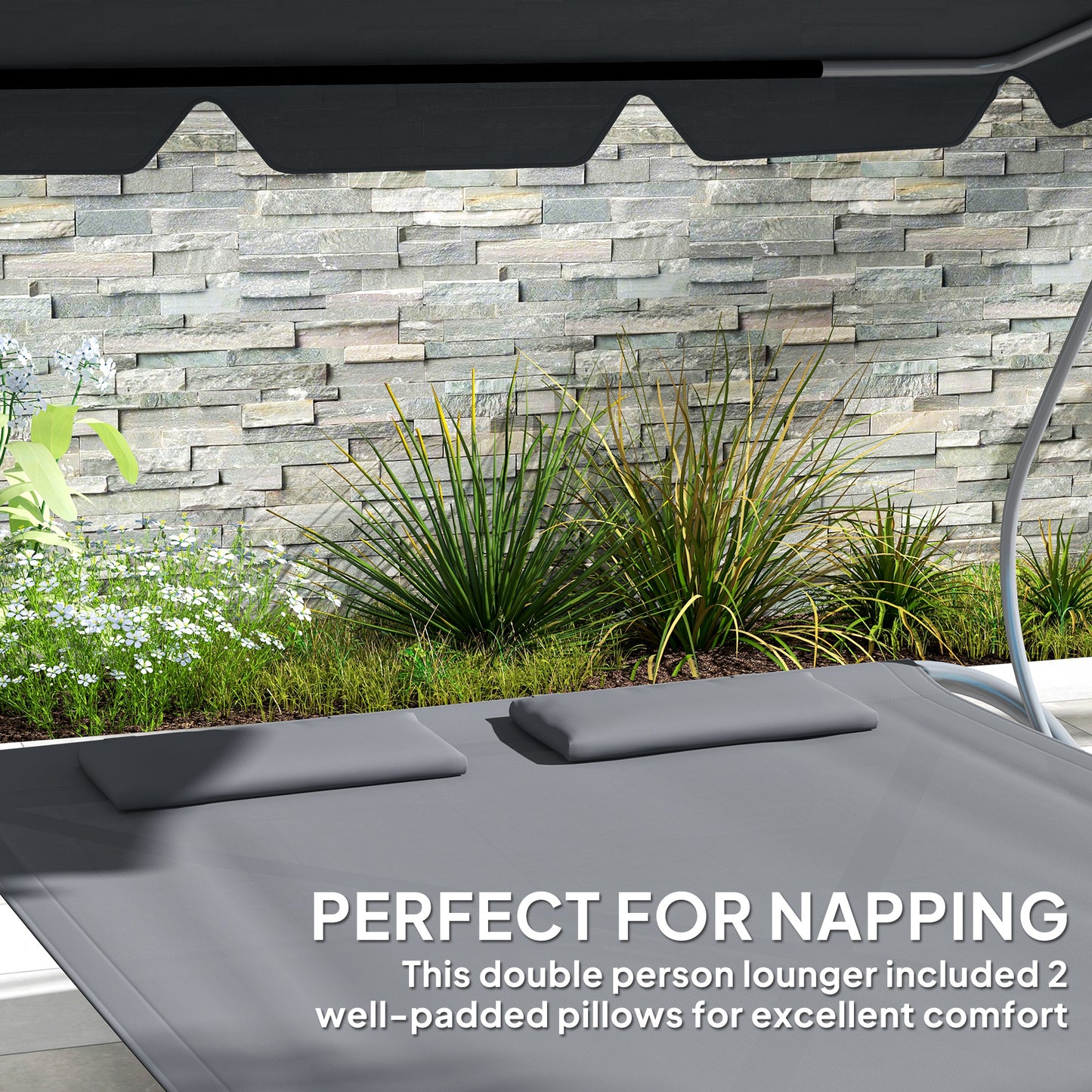 Outsunny Double Hammock Sun Lounger Bed with Canopy Shelter, Wheels & 2 Pillows, Light Grey